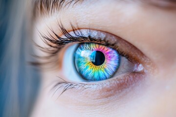 Fototapeta premium Close up of a vibrant human eye with rainbow colors symbolizing vision diversity and advanced technological perception reflecting the future of human sight and artificial intelligence