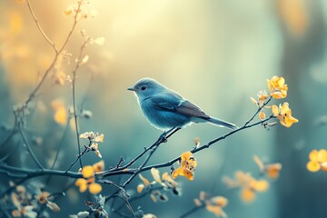 Bluebird perched on a branch with yellow flowers and a soft, sunlit background.