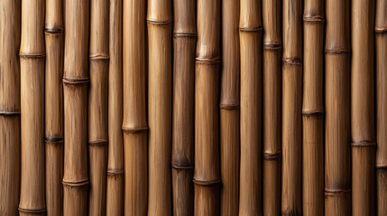 Naklejka premium A row of bamboo sticks are shown in a close up. The bamboo sticks are brown and appear to be arranged in a pattern. The image has a natural and rustic feel to it
