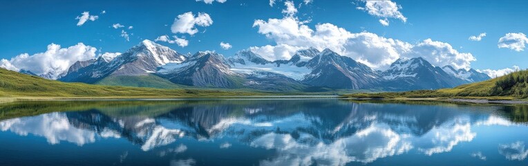 Panoramic View of Snow-Capped Alaskan Mountains and Reflecting Blue Lake