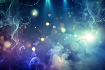 Abstract scene with swirls of smoke, bright light flashes and floating balls of different colors on a dark background. The atmosphere is mystical and ephemeral.