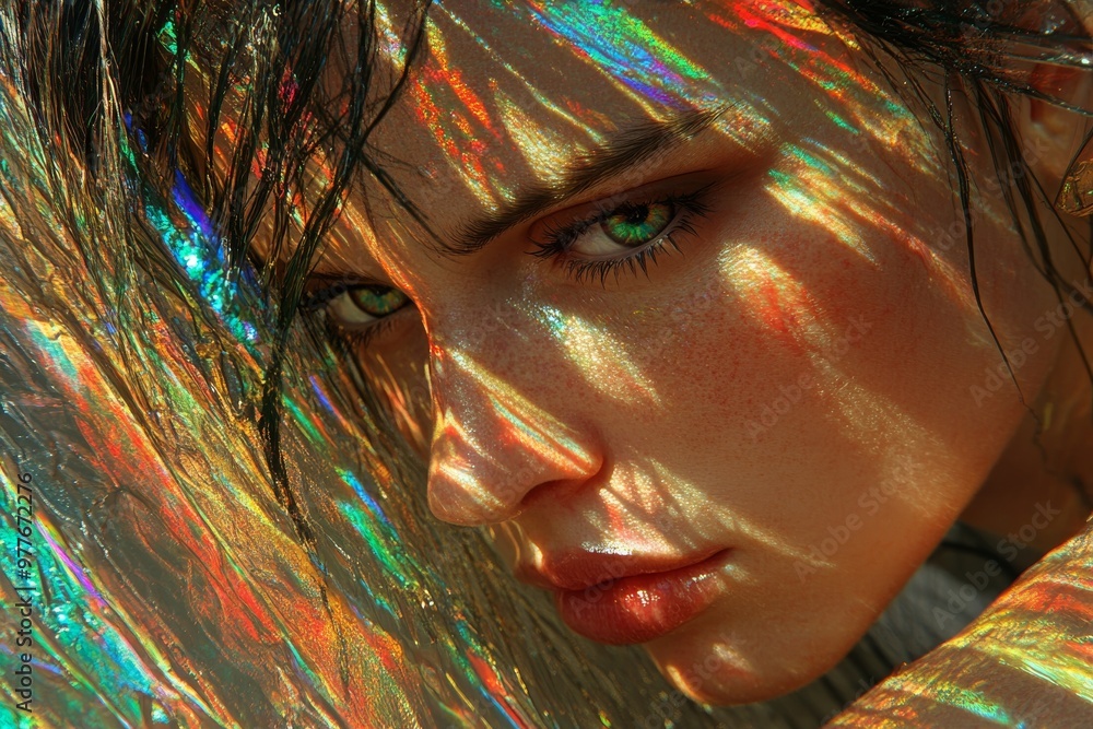 Poster a mysterious human eye partially concealed in shadows and light reflections symbolizing intrigue sec