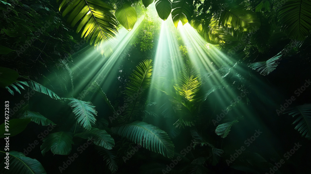 Sticker Sunlight streaming through dense tropical rainforest foliage, creating light beams and illuminating large green leaves in a lush, vibrant jungle setting.