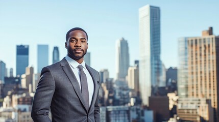 Fototapeta premium portrait of a confident, successful entrepreneur standing in front of a city skyline