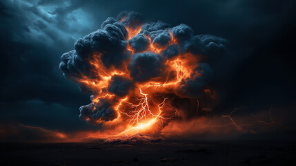 A dramatic depiction of a volcanic eruption at night with dark, stormy clouds and vivid lightning strikes illuminating the eruptive column.