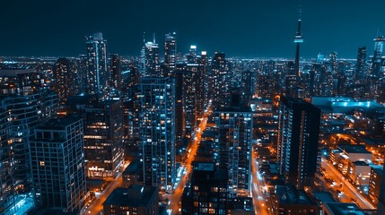 Fototapeta premium A vibrant, dynamic city skyline illuminated at night, offering a clear, open sky for highlighting text or creative ideas.