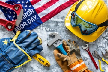 Protective gear, tools, USA flag and text "LABOR DAY" on white background