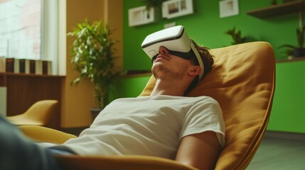 Obraz premium modern psychological clinic, green and sustainable, relaxed atmosphere, patient wearing vr goggles