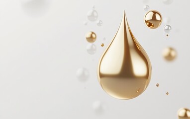 Fototapeta premium Elegant gold droplet suspended in mid-air surrounded by smaller droplets on a white background, symbolizing purity and luxury.