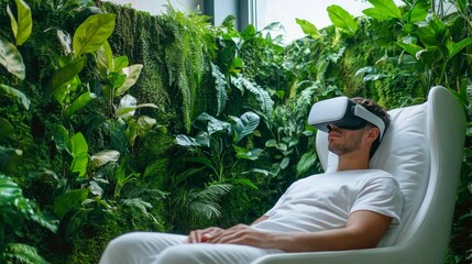 modern psychological clinic, green and sustainable, relaxed atmosphere, patient wearing vr goggles