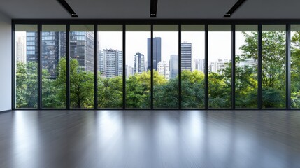 Naklejka premium A large window in a building with a city view