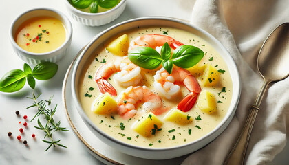 Creamy shrimp soup garnished with basil and served with diced potatoes.