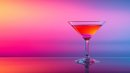 A vibrant cocktail glass with colorful layers stands against gradient background, evoking lively atmosphere
