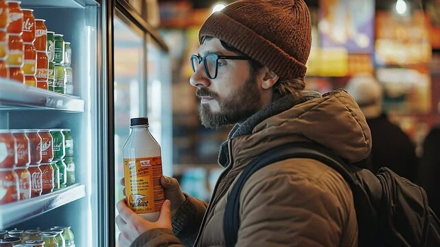 A European man in a convenience store, but a cold bottle of milk from the refrigerator
