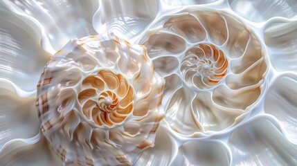 Abstract depiction of a nautilus shell, focusing on its intricate geometric design. The shell's natural swirl is a stunning visual element in this art piece.