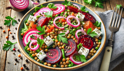 Healthy lentil and beet salad topped with fresh parsley, red onions, and feta.