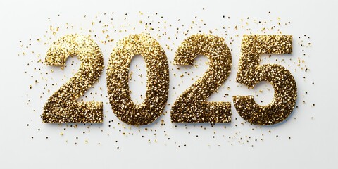 2025, made of golden shiny particles on a white background
