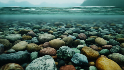 Underwater view of colorful pebbles and stones beneath surface