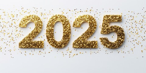 2025, made of golden shiny particles on a white background