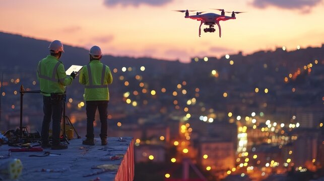 A team of engineers testing drones on a rooft