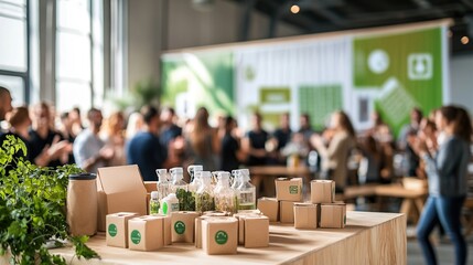 successful eco-friendly product launch event, innovative packaging displayed, audience applauding, sustainability banners in the background
