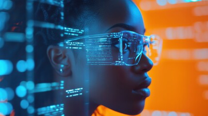 Young woman in futuristic glasses amidst digital data projections