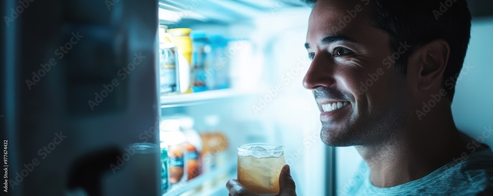 Poster man enjoying a refreshing cold beverage from the refrigerator with a joyful smile and relaxed expres