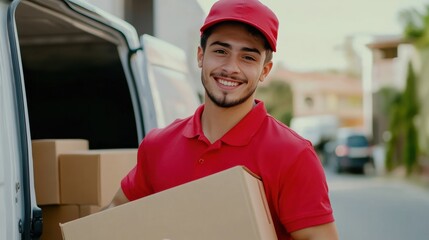 Courteous delivery person carrying packages in residential neighborhood