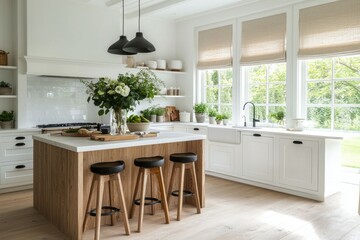 white modern kitchens, Large windows. Luxury