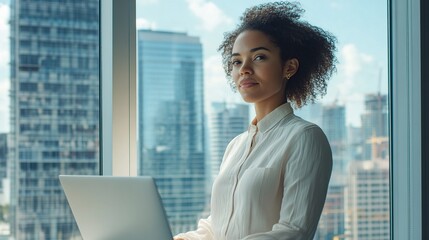 successful minority woman in a modern office, laptop open, window view of the city, a sense of achievement and confidence