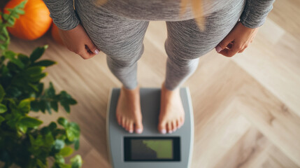 Woman weighing herself on a scale indoors with healthy lifestyle items