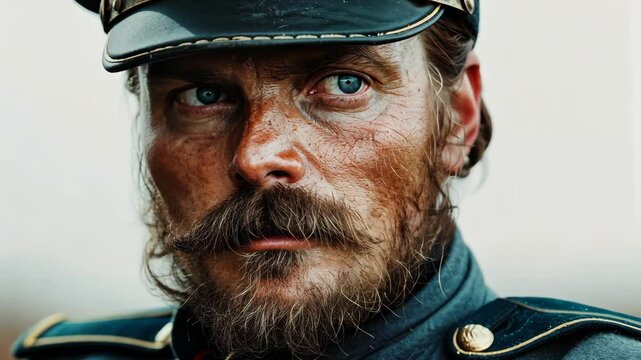 Civil war soldier portrait showing detailed expression and uniform, 1860s America