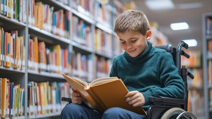 Young boy in wheelchair reads a book in a library during the day