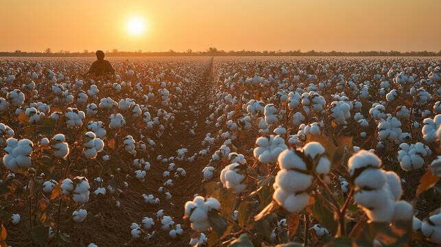 fields of cotton plantation in asia, with farmers harvesting cotton on background