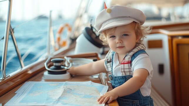 Child posing as a captain on a luxury yacht, charting a course on a map with high-end navigation equipment.
