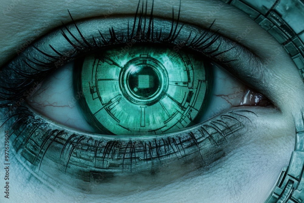 Poster futuristic green eye with a metallic robotic design symbolizing the integration of artificial intell