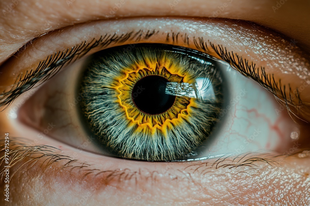 Poster close up of a yellow human eye with intricate iris details symbolizing warmth depth and the natural 
