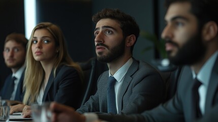 team discussing business ethics in a boardroom, serious and thoughtful expressions