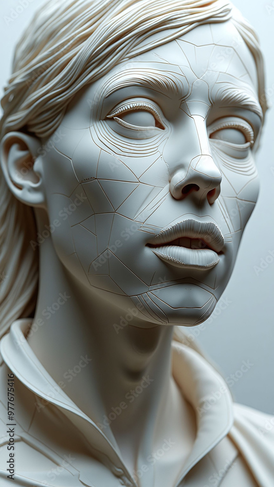 Poster a 3d-printed portrait being sculpted from digital layers, combining art and technology in a conceptu