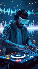 A DJ using augmented reality to control a virtual music console, surrounded by holographic sound...