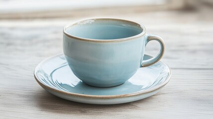 Fototapeta premium Elegant blue ceramic cup and saucer on a wooden table