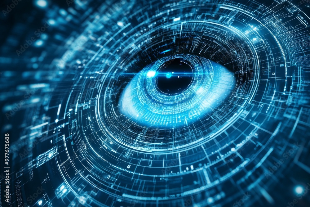 Aufkleber technological eye surrounded by a digital network design symbolizing the future of human vision conn