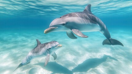 Fototapeta premium Dolphin mother and calf swimming together, playful and protective, clear blue ocean background