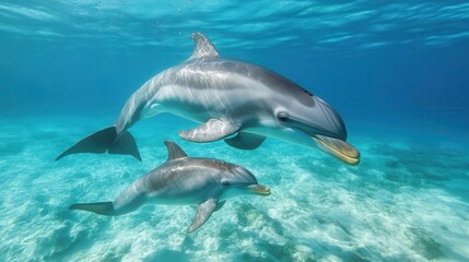 Obraz premium Dolphin mother and calf swimming together, playful and protective, clear blue ocean background