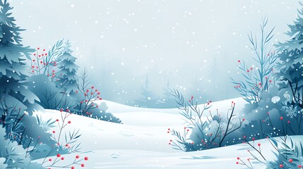 a snowy landscape with trees and berries on the ground