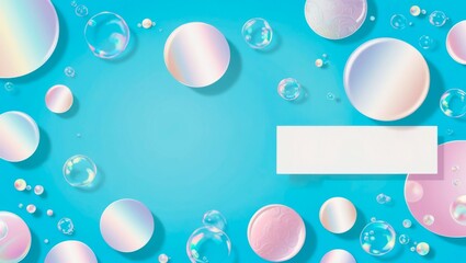 A colorful abstract background featuring bubbles and pastel circles with a central blank white rectangle, suitable for text placement or design work
