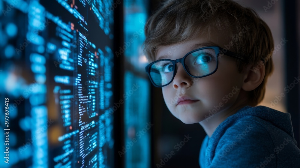 Poster child posing as a cybersecurity expert, analyzing data breaches, with encrypted data on the screen.