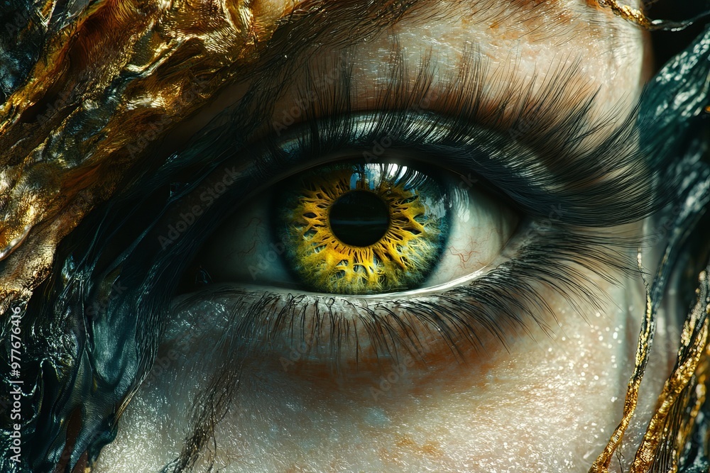 Poster close up of a golden eye partially surrounded by natural elements symbolizing the complex interactio