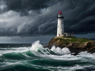 Lighthouse on Rocky Coast with Stormy Sea and Dramatic Clouds