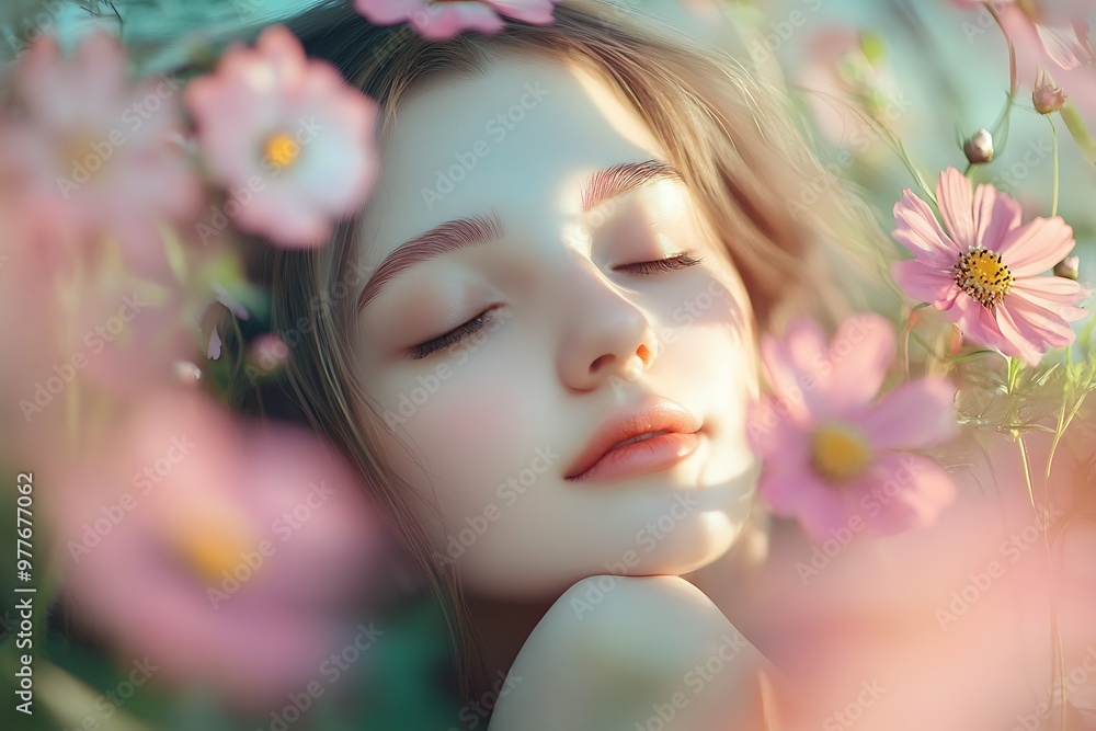 Sticker Close up portrait of a woman with eyes closed surrounded by pink cosmos flowers